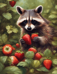 Raccoon and strawberry.