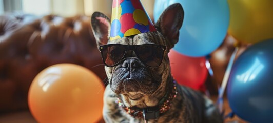 Portrait of Birthday dog wearing a party hat and balloons photography. Happy Birthday buldog poster banner greeting card. - obrazy, fototapety, plakaty