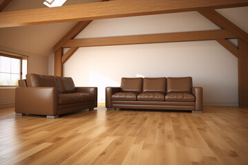 3D rendering of a bright attic room with wooden beams and brown leather furniture