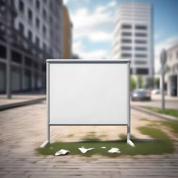 Ein Bild von einem Whiteboard mitten in einer Stadt, unbeschriftet.  Als Textfeld verwendbar.