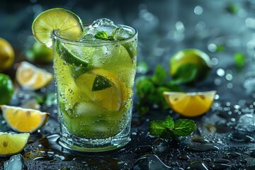 A refreshing citrus cocktail served in a highball glass, garnished with lemon and lime slices, perfect for a sunny day spent outdoors - obrazy, fototapety, plakaty