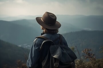 woman traveler with backpack holding hat and looking at amazing mountains and forest, wanderlust travel concept, space for text, atmospheric epic moment. Generative AI - obrazy, fototapety, plakaty
