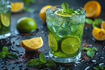 A refreshing and citrusy cocktail filled with tangy lemon and lime juices, garnished with fresh mint and served over ice in a highball glass - obrazy, fototapety, plakaty