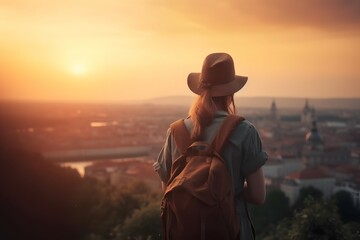 Young female tourist enjoys the view of the city at sunset back view Lifestyle, travel, tourism, nature, active life. Generative AI