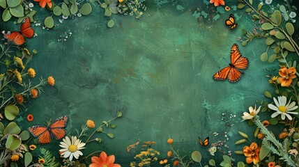 Painting of Butterflies and Flowers on Green Background