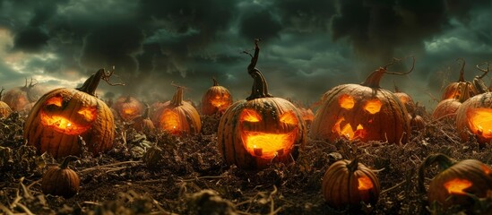 Fototapeta premium Glowing field of ripe pumpkins under a stormy dark sky at dusk
