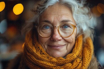 A stylish woman confidently smiles through her yellow scarf and glasses, her face a canvas of wrinkles and fashion accessories - obrazy, fototapety, plakaty