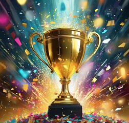 Trophy Award Background. Achievement success in education awards concept. Golden trophy cup winner on bokeh background. Congratulation in university