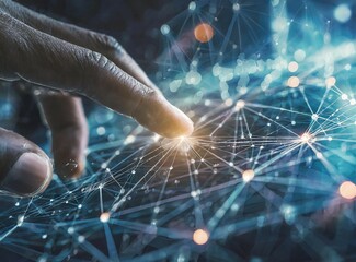 Digital technology, internet network connection concept. Finger touching on virtual screen with futuristic technology background, data exchange, digital transformation 