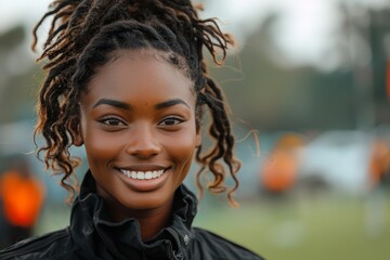 A joyful woman with long dreadlocks smiles brightly at the camera, showcasing her expressive eyebrows and fashionable outdoor attire in a stunning portrait photograph