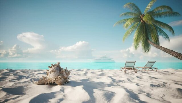 Tropical vacation concept under palm tree. Seashell on the shore of the turquoise coast