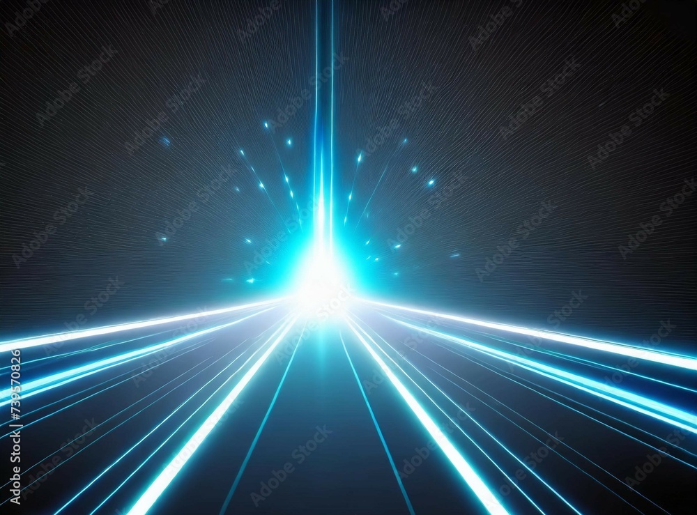 Poster Abstract modern blue background science, futuristic, energy technology concept. Digital image of light rays, stripes lines with blue light, speed and motion blur over dark blue background.