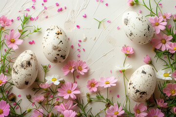 flat lay composition from speckled Easter eggs and spring flowers on pastel background.