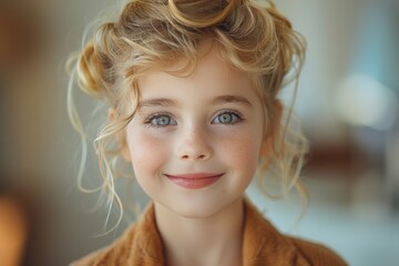 A joyful toddler girl with blonde hair and blue eyes, wearing a charming smile and an adorable hairstyle, captured in a beautiful portrait photography that highlights her human face, glowing skin, ex