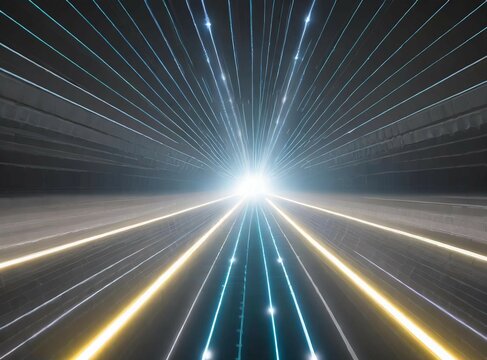 Abstract modern blue background science, futuristic, energy technology concept. Digital image of light rays, stripes lines with blue light, speed and motion blur over dark blue background.
