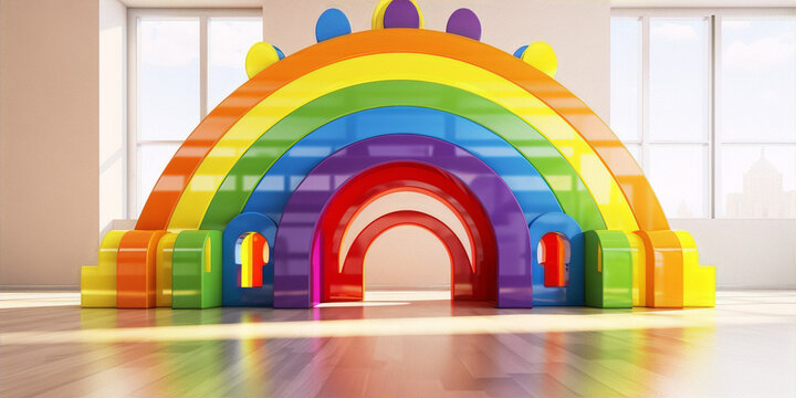 Rainbow playroom with bright colors and geometric shapes in 3D rendering