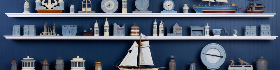 Still life of nautical and lighthouse themed knick-knacks and figurines on blue shelves against a blue background.
