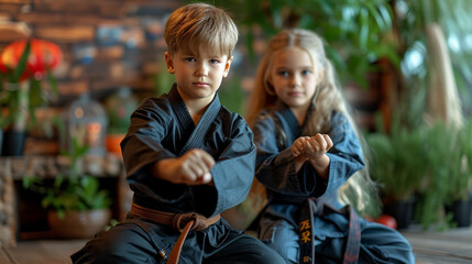 Boy and girl paired up and practice to aim stroke to neutralize opponent and repulse attack. Class self-defense training