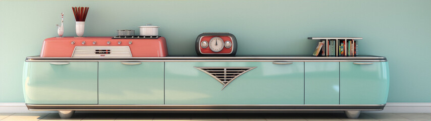 Retro 50s style kitchen furniture with mint green cabinets and pink stove