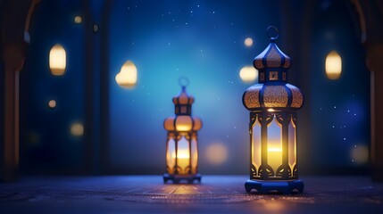 Lantern on the table. Ramadan Kareem concept. 3D Rendering