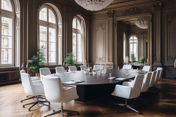Fototapeta na wymiar Luxury boardroom interior with a long conference table and white chairs, windows, and classic chandeliers