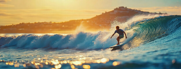 Surfer Riding a Wave at Golden Hour. Man skillfully rides a large wave, with a sunset-lit...