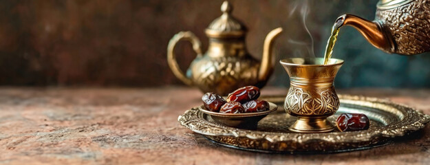 Arabian Tea Ceremony with Dates. A traditional Arabian teapot pours tea into a cup, accompanied by...
