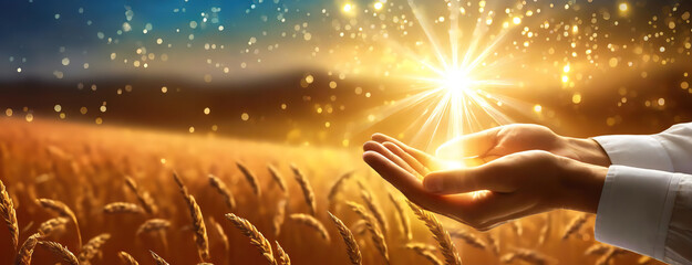 Harvest Blessings with Sunlit Hands. Open hands appear to hold and cherish a burst of sunlight above a field of ripe wheat, symbolizing abundance and gratitude.