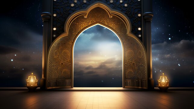 Eid Al Adha background with mosque door. 3D rendering