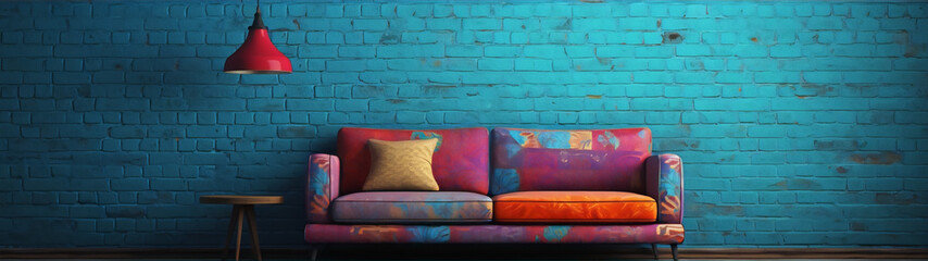 Blue brick wall living room interior with a red lamp and multi-colored couch