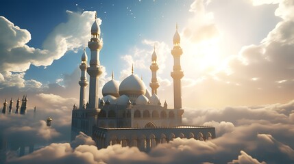 Mosque in the clouds. 3D render. Conceptual image - obrazy, fototapety, plakaty