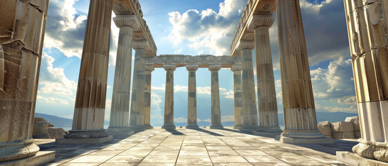 Ancient Greek or Roman temple, panorama of columns on blue sky background, scenery of old building on mountain top. Concept of history, Greece, antique, travel and culture - obrazy, fototapety, plakaty