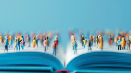 Viele Spielzeugfiguren stehen auf einem aufgeklappten Buch. Der Welttag des Buches findet jährlich am 23. April statt. - obrazy, fototapety, plakaty