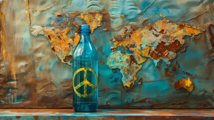 Weltkarte und eine Wasserflasche mit Friedenssymbols (Peace-Zeichen). In Bezug zum Welttag des Wassers, der 2024 das Motto 