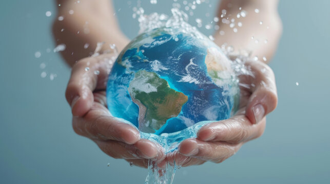 Hände halten eine Weltkugel aus Wasser. Der Welttag des Wassers findet Jährlich am 22. März statt.