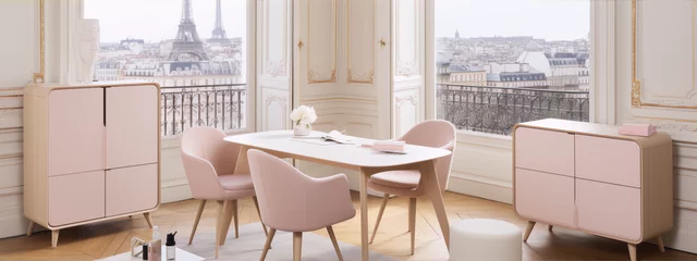 Foto op Canvas Parisian apartment with Eiffel Tower view in pink pastel colors, minimalist furniture and large windows. © amiraaziadi