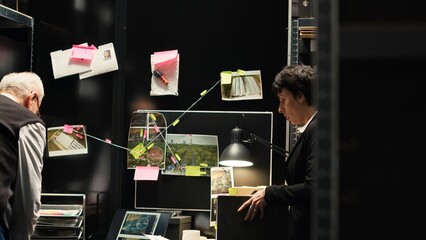 Inspectors team working on crime case, evaluating evidence authenticity with criminal investigation tools in police agency. Private detectives gathering intelligence to solve mistery.