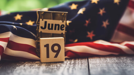 Cute Wooden Blocks Calendar With "June 19" Date, surrounded by US flag Juneteenth National Independence Day