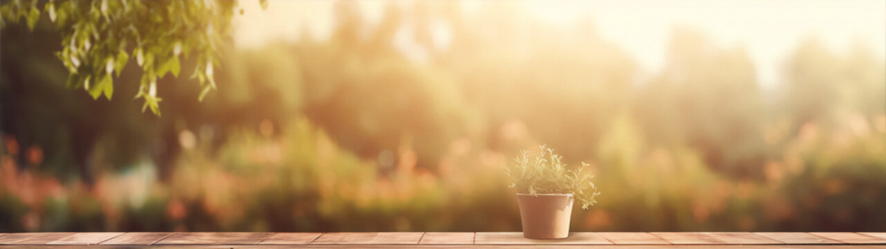Close up of a potted plant on a wooden table with a blurred background of a lush green garden