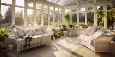 Bright and airy sunroom with white wicker furniture and lots of plants in pots