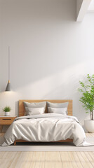 3D rendering of a bright and airy bedroom with a wooden bed, white bedding, and a potted plant.