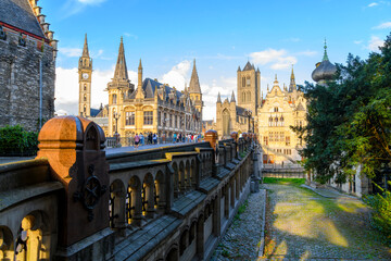 View of the Kornmarkt area from Saint Michael's Bridge including the towers of the Post Building,...