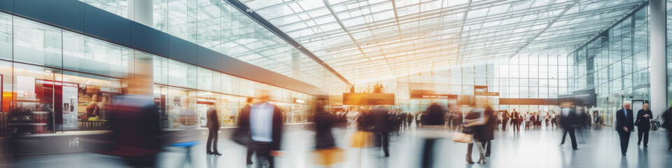 Blurred business people in windows interior. Strolling at an expo conference hall, demonstrating motion speed blur,