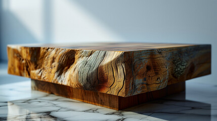 Wooden podium for product presentation in sunlight and shadows on the beige wall. Minimalistic abstract gentle light blur background.