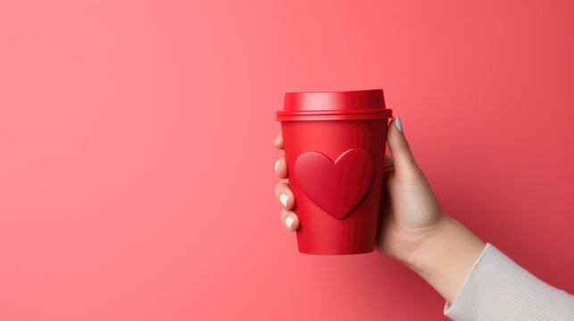 Hand holding red disposable take out coffee cup with red heart on white background. Mockup for Valentine's Day.