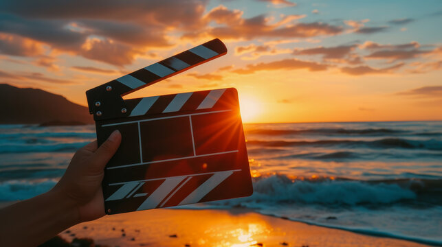Hands holding director's clapboard against the sunset on beach