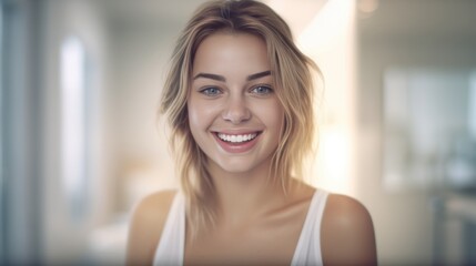 Portrait of beautiful blonde young woman with shaggy hairstyle smiling cheerfully, showing her white teeth to camera while feeling happy blurred bathroom background