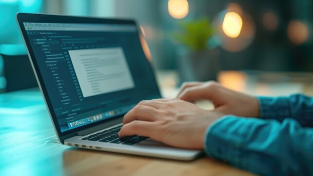 Person typing on a laptop with code on the screen