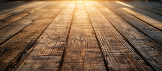 Rustic wooden table with a mesmerizing sunset in the background
