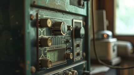 Vintage oscilloscope on a workbench with knobs and dials